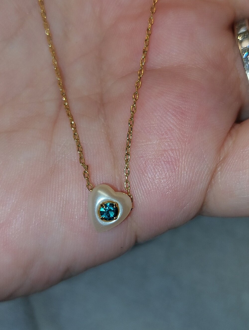 Goldtone Heart Necklace with Blue-Green Gem